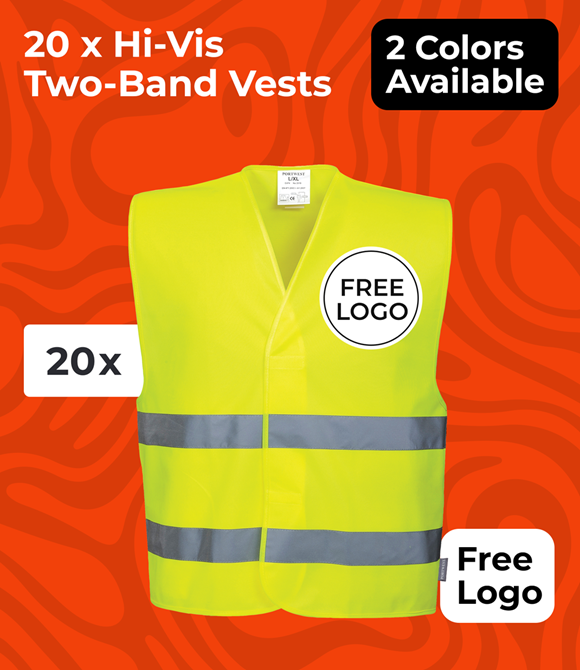 20 x Hi-Vis Two-Band Vests With Free Logo