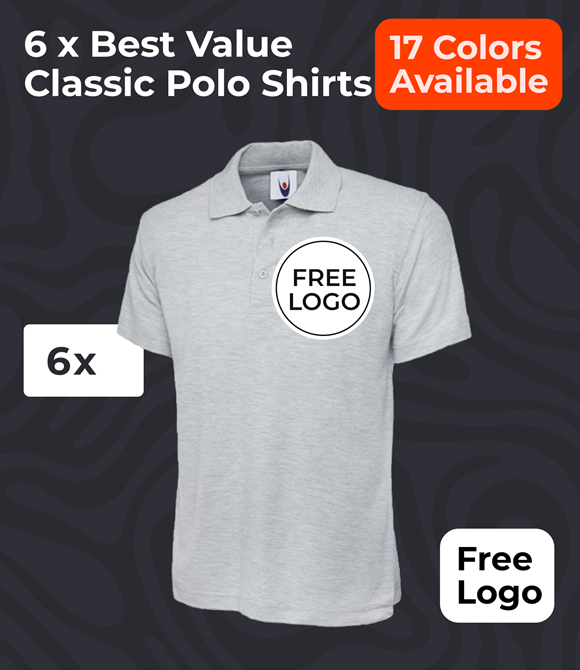 6 x Best Value Classic Polo Shirts With Free Logo
