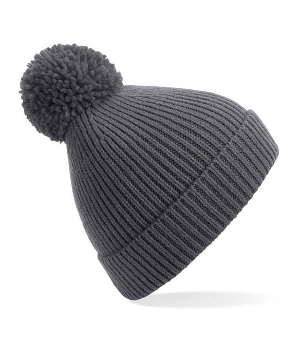 Engineered knit ribbed pom pom beanie
